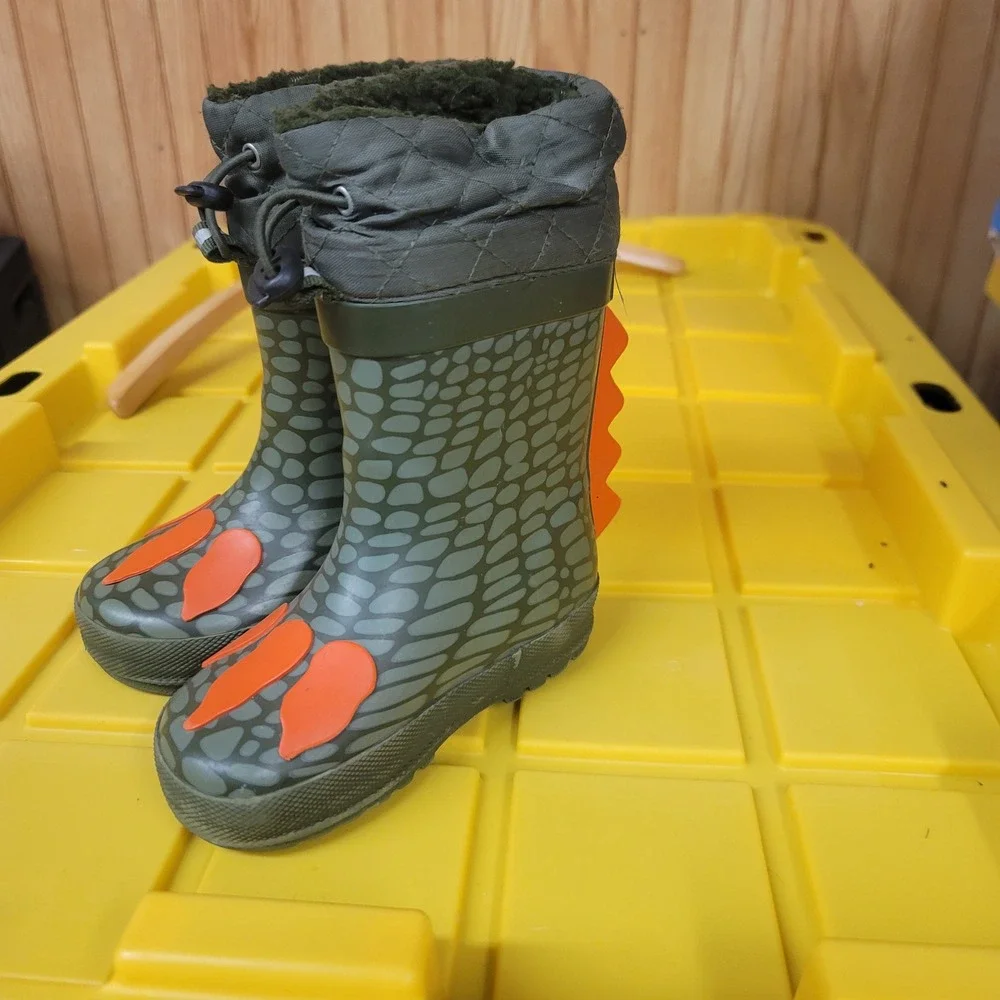 London Fog Kids Green Dinosaur Rain Boots Orange Spikes Size 7 Toddler‎